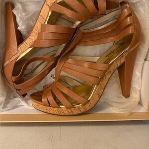 Michael Kors Tan Cork-Platform Strappy High Heels